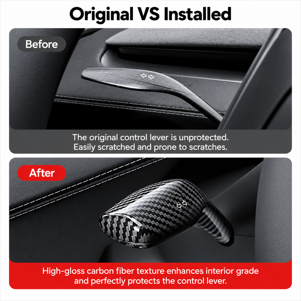 Before and after ABS carbon fiber-look shift lever cover for Tesla Model 3 Highland and Model Y Juniper
