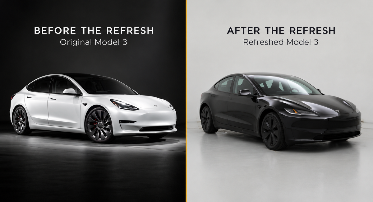 Original white Tesla Model 3 beside a refreshed black Model 3, comparing their exterior designs.
