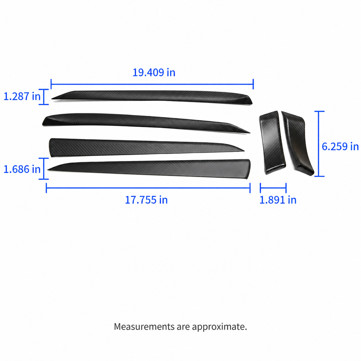Tesla Model S matte dry carbon fiber six-piece interior door trim cover set (2021–2023) — dimensions