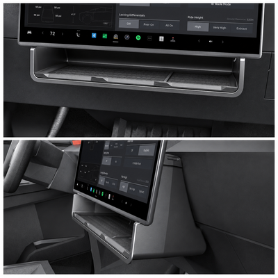 Cybertruck under-screen storage tray installed views