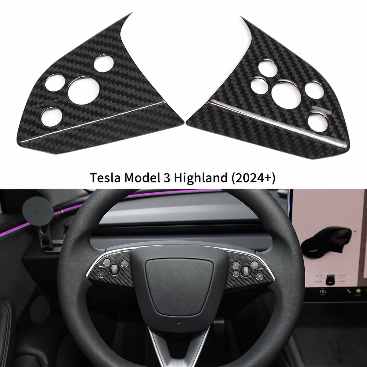 Tesla Model 3 Highland dry carbon fiber steering wheel button trim cover set — installed view