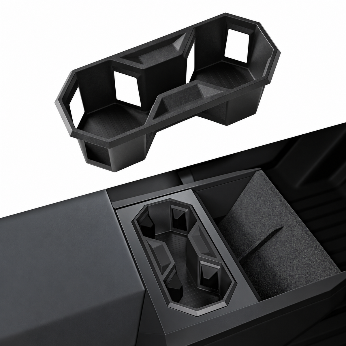 Cybertruck cup holder insert product and installed views