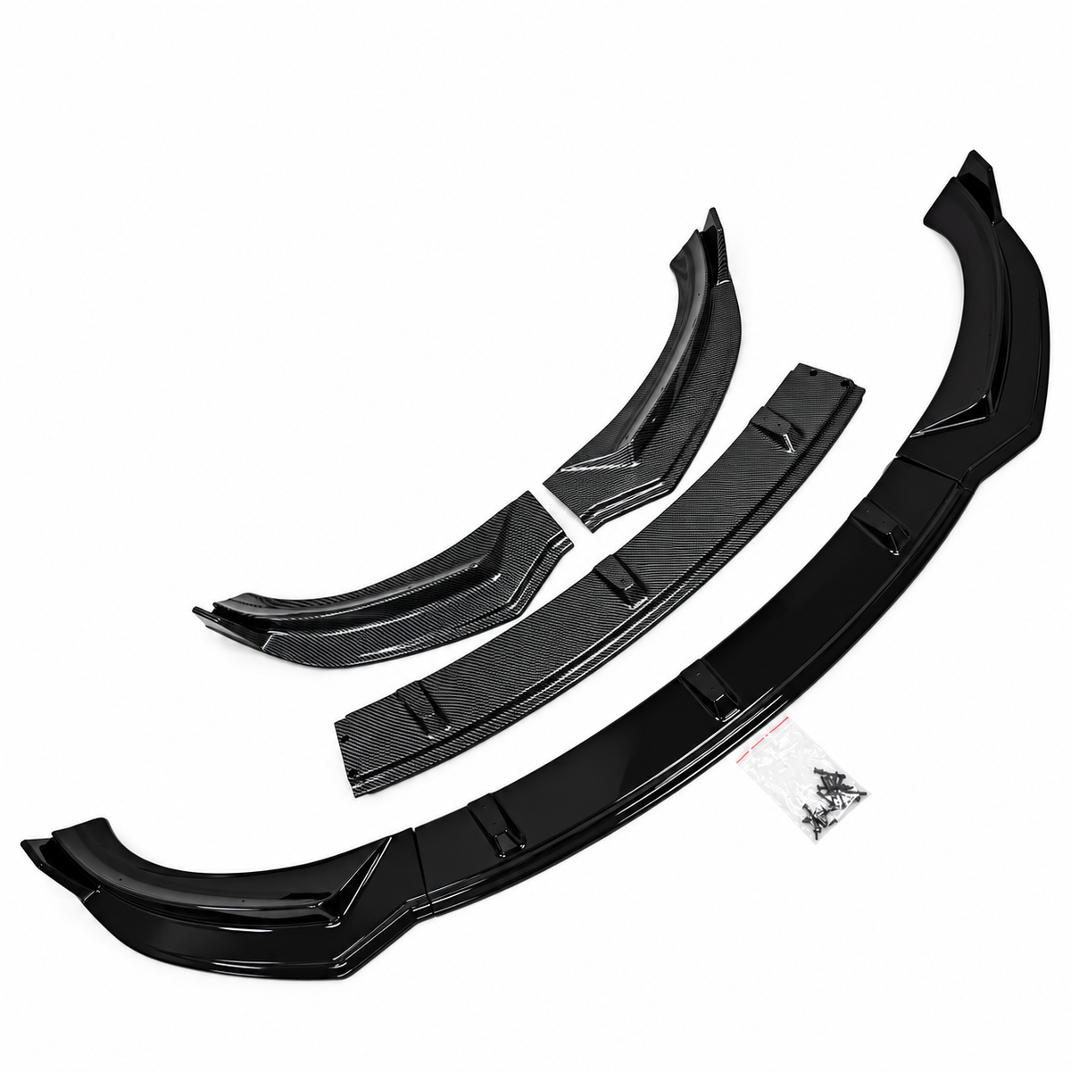 Three-piece front lip components and finish options