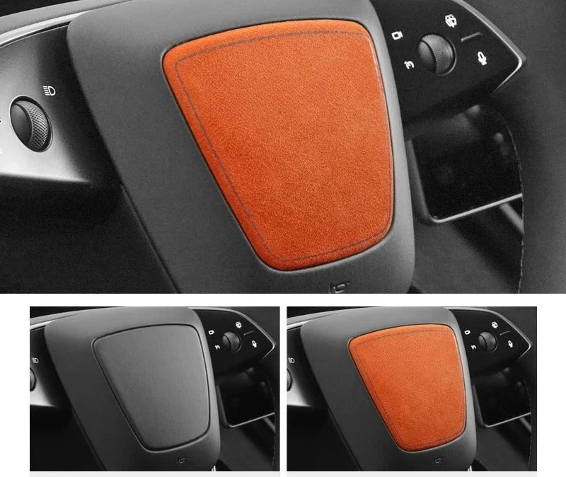Alcantara & Carbon Fiber Leather Stick On Steering Wheel Center Panel Cover for Tesla Model 3 Highland (2024+)