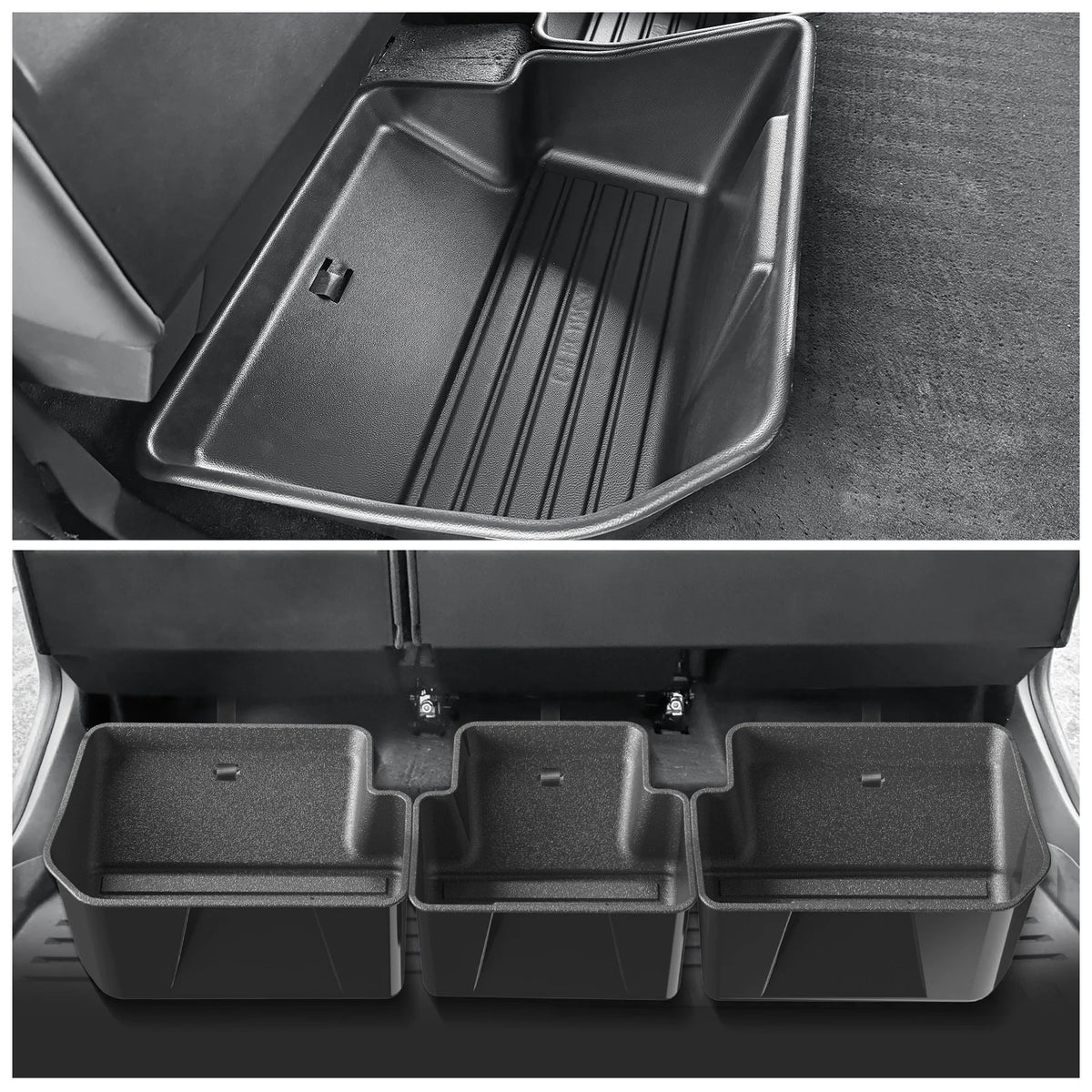 Cybertruck under-seat storage bins installed and close-up view