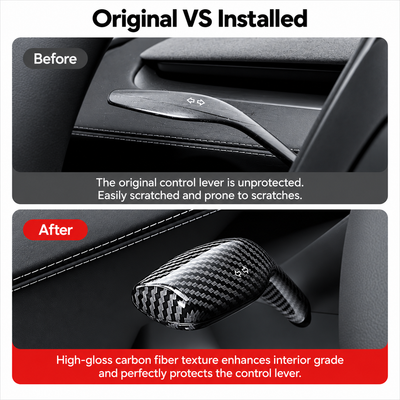 Before and after ABS carbon fiber-look shift lever cover for Tesla Model 3 Highland and Model Y Juniper