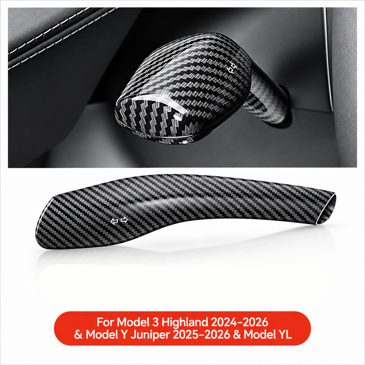 Black ABS carbon fiber-look shift lever cover for Tesla Model 3 Highland and Model Y Juniper