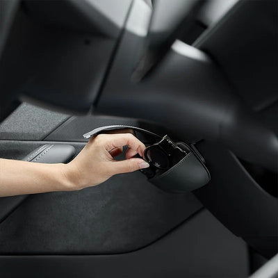 Driver side storage organizer holding sunglasses in Tesla interior