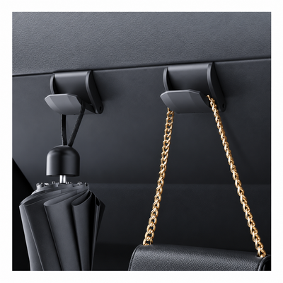Glove box hooks holding an umbrella and bag in Tesla Model 3 Highland and Model Y Juniper