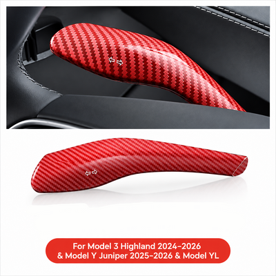 Red ABS carbon fiber-look shift lever cover for Tesla Model 3 Highland and Model Y Juniper