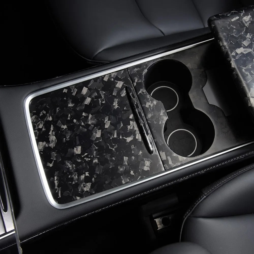Installed forged carbon fiber center console overlay for Tesla Model 3 and Model Y 2017-2023