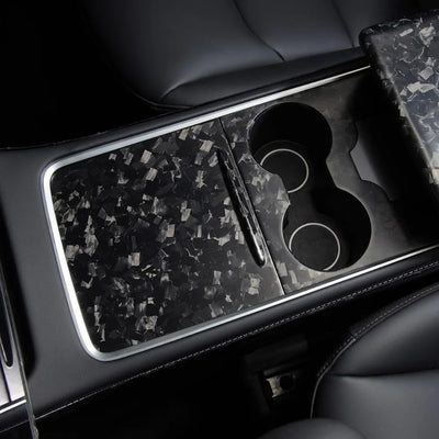 Installed forged carbon fiber center console overlay for Tesla Model 3 and Model Y 2017-2023