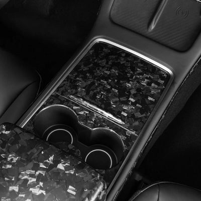Forged carbon fiber center console cup holder overlay installed in Tesla Model 3 and Model Y 2017-2023