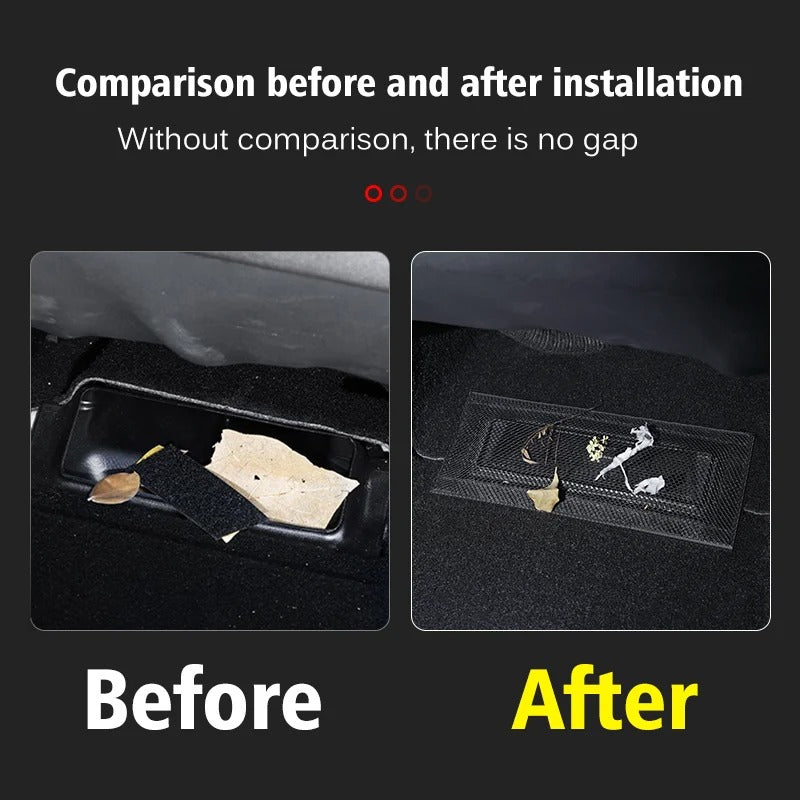 Before and after installation of Tesla under seat air vent protection cover