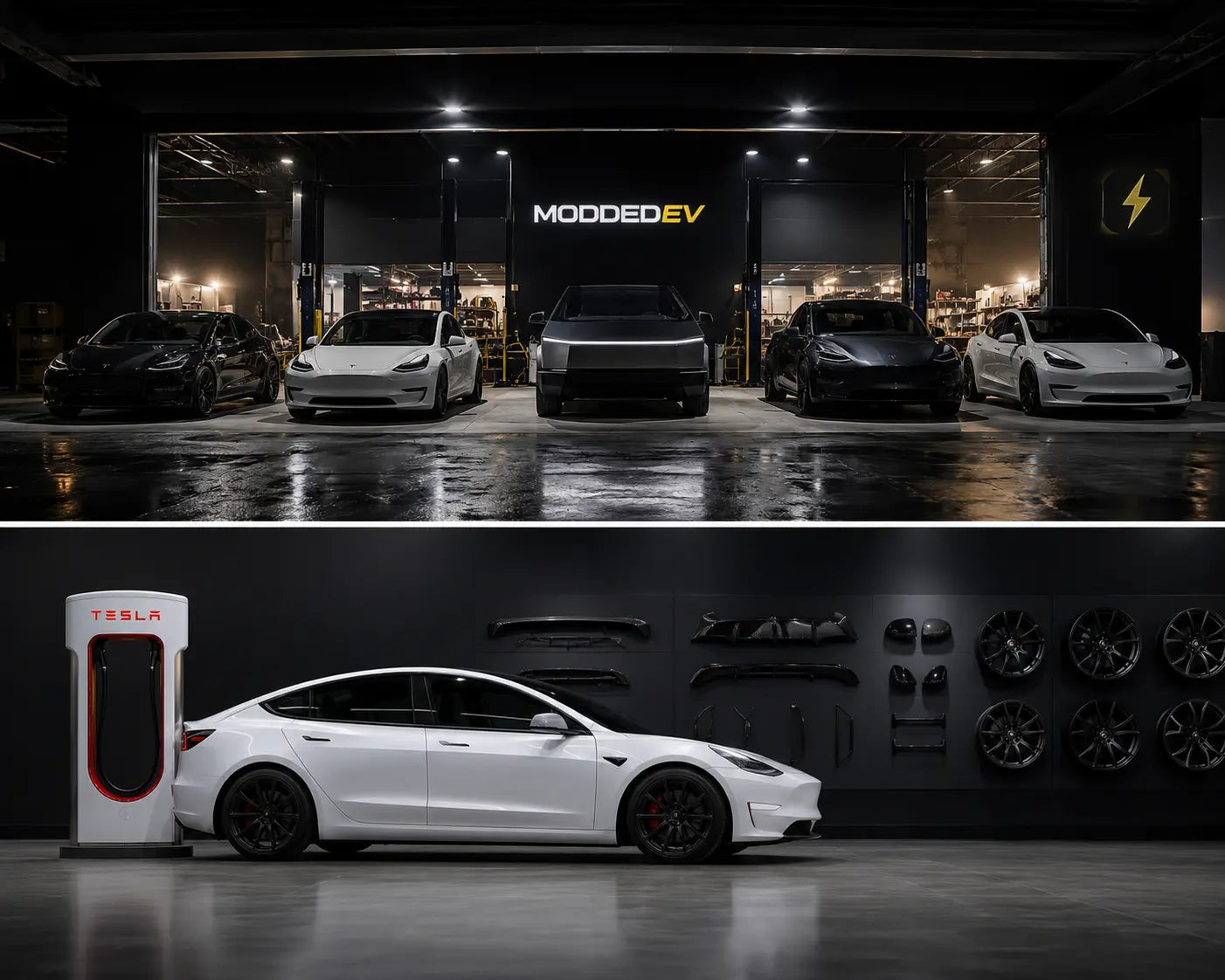 Premium electric vehicles displayed in the ModdedEV performance garage